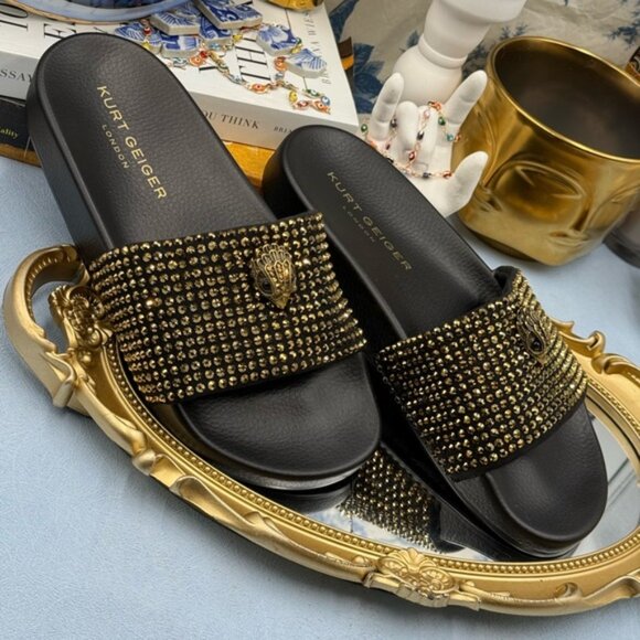 🆕 KURT GEIGER LONDON 🧿 NWOB Meena Eagle Black & Gold Studded Slide, Sz 6.5 - Picture 6 of 13